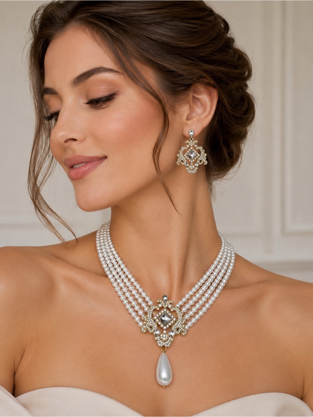 White Pearl Multi-Strand Necklace and Earring set with Gold and Crystal Pendant